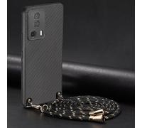 YANJIEER ESONG Cover Fibra Carbonio per Xiaomi 13 Lite con Cordino Cinturino,Custodia In Pelle Caso per Donna Ragazze Con Collana,Catena Laccio Case,Sottile Antiurto Shell Nero