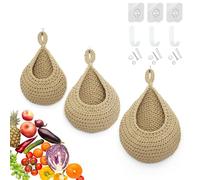 YANJINGHE 3 Pezzi Cesto Portaoggetti da Appendere, Cesto in Rete Intrecciato, Cestino Sospeso con Gancio, Cestino Frutta Parete, Cesto Portafrutta, Fioriere da Parete per Frutta, Verdura (Marrone)