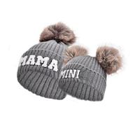 Yanmucy 2 berretti Mommy and Me Carini Mama & Mini ricamati a maglia caldi cappelli invernali abbinati per la famiglia con pompon staccabile, Grigio scuro, One Size-8 Years
