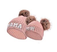 Yanmucy 2 berretti Mommy and Me Carini Mama & Mini ricamati a maglia caldi cappelli invernali abbinati per la famiglia con pompon staccabile, rosa, One Size-8 Years