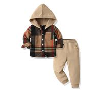 Yanmucy Set di abbigliamento per neonati 2 pezzi in cotone plaid per bambini con cappuccio per la primavera l'autunno (marrone, 6-7 anni)
