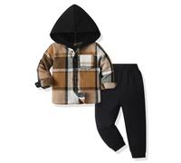 Yanmucy Set di vestiti per bambini e ragazzi, 2 pezzi, in cotone, plaid per ragazzi con cappuccio, camicie, pantaloni per bambini, tuta per la primavera e l'autunno, marrone, 6-7 Jahre