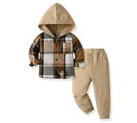 Yanmucy Set di vestiti per bambini e ragazzi, 2 pezzi, in cotone, plaid per ragazzi con cappuccio, camicie, pantaloni per bambini, tuta per la primavera e l'autunno, cachi, 6-7 Jahre