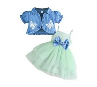 Yanmucy Vestito da bambina con maniche a sbuffo denim blu giacca set 2 pezzi bambina senza maniche tulle tutù abito manica corta pois volant cappotto top abiti, Verde, 6-9 Months