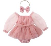 Yanmucy Vestito per Bambina con Fiocco Romper Estivo in Gonna Abito Tulle con Volant per Neonati Gonna a Maniche Lunghe da Principessa per 0-24 Mesi (0-6 Mesi, Rosa)