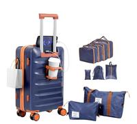 YANQIAO Bagaglio da 50,8 cm, bagaglio certificato da compagnia aerea, bagaglio a mano con portabicchieri e porta USB, adatto per viaggi d'affari, Blu, 10 Piece Set, Viaggiare