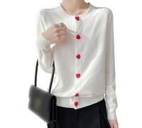 YANQSHM Cardigan Donna Elegante, Cardigan da Donna in Maglia Fine con Grazioso Bottone Rosso Forma Cuore Stile Dolce Manica Lunga Giacca Autunnale Transizione Scollo Rotondo Maglione Aperto sul Dava