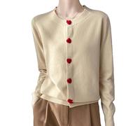 YANQSHM Cardigan Donna Elegante, Cardigan da Donna in Maglia Fine con Grazioso Bottone Rosso Forma Cuore Stile Dolce Manica Lunga Giacca Autunnale Transizione Scollo Rotondo Maglione Aperto sul Dava