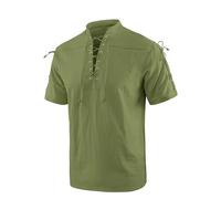 YAOBAOLE Camicia Medievale Uomo in Cotone e Lino con Doppio Laccio e Colletto Coreano Maniche Corte Verde Militare M
