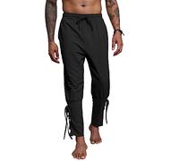 YAOBAOLE Pantaloni Medieval Uomo Pantaloni Lino Uomo Vichingo Rinascimento Pirata Vita Elastica per Halloween, Nero , L