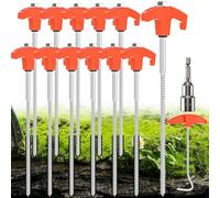 YAOBLUESEA 12Pz Tenda Pegs Trapano Da Campeggio Pegs Heavy Duty Steel Camping Spikes Anti-Rust Tenda Pegs 25CM Camping Stakes con Hex Drill Bit & T Pull Hook, Garden Staples per Trampolino, Arancione