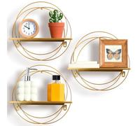 Yaocom 3 mensole galleggianti dorate da appendere alla parete, con filo metallico dorato e legno, decorazione da parete rotonda pieghevole per riporre camera da letto, bagno, soggiorno, cucina,