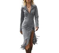 YAODAMAI Abito da Ragazza Nero con Risvolto con Cerniera Gonna Midi Sottile con Spacco Irregolare con Nappe