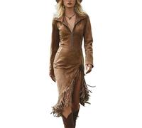 YAODAMAI Abito da Ragazza Nero con Risvolto con Cerniera Gonna Midi Sottile con Spacco Irregolare con Nappe