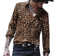 YAODAMAI Camicia a Maniche Lunghe da Uomo con Stampa Leopardata Camicia Casual a Maniche Lunghe Casual con Risvolto per Le Vacanze