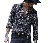 YAODAMAI Camicia a Maniche Lunghe da Uomo con Stampa Leopardata Camicia Casual a Maniche Lunghe Casual con Risvolto per Le Vacanze