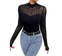 YAODAMAI Camicia da Donna con Fondo Patchwork Aderente a Maniche Lunghe a Collo Alto in Rete Nera a Forma di Cuore