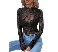 YAODAMAI T-Shirt da Donna a Maniche Lunghe con Top in Pizzo a Collo Alto in Rete con Fungo
