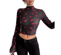 YAODAMAI T-Shirt Snellente da Donna a Maniche Lunghe con Collo Rotondo e vestibilità Slim Fit con Maniche a Campana in Rete Stampata