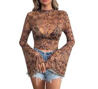 YAODAMAI T-Shirt Snellente da Donna a Maniche Lunghe con Collo Rotondo e vestibilità Slim Fit con Maniche a Campana in Rete Stampata