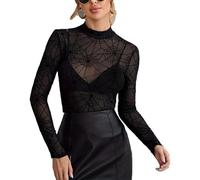 YAODAMAI Top da Donna in Rete Sexy con Stampa Ragnatela in Rete Trasparente a Maniche Lunghe