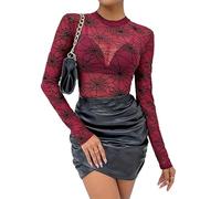 YAODAMAI Top da Donna in Rete Sexy con Stampa Ragnatela in Rete Trasparente a Maniche Lunghe