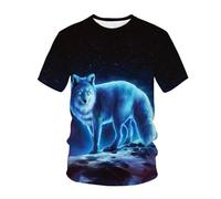 YAODANGM T-Shirts Fantaisie pour Hommes, imprimés en 3D, Motif Animal abstrait, Ciel étoilé, Loup Bleu, t-Shirts d'été à Manches Courtes, hauts graphiques réalistes