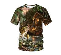 YAODANGM T-Shirts Fantaisie pour Hommes, imprimés en 3D, Motif cabane forestière, t-Shirts d'été à Manches Courtes, hauts graphiques réalistes