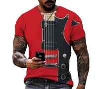 YAODANGM T-Shirts Fantaisie pour Hommes, imprimés en 3D, Motif Guitare Rouge, t-Shirts d'été à Manches Courtes, hauts graphiques réalistes