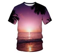 YAODANGM T-Shirts Fantaisie pour Hommes, imprimés en 3D, Motif palmiers et Coucher de Soleil Sur la Plage, t-Shirts d'été à Manches Courtes, hauts graphiques réalistes