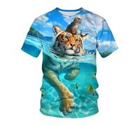 YAODANGM T-Shirts Fantaisie pour Hommes, imprimés en 3D, Motif Tigre et Chat amusant, Manches Courtes, hauts graphiques réalistes