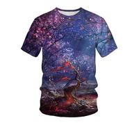 YAODANGM T-Shirts Fantaisie pour Hommes, imprimés en 3D, vue Nocturne des Fleurs de cerisier et de pêcher, t-Shirts d'été à Manches Courtes, hauts graphiques réalistes