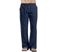 YAOHUOLE Pantaloni da uomo in lino, pantaloni lunghi estivi da uomo, con tasche, elastico in vita, Blu marino, M