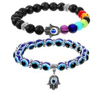 Yaomiao 2 Pezzi Braccialetto di Malocchio Elastico Bracciale di Malocchio Protezione di Buona Fortuna, Braccialetto con Pietre Preziose per Mano di Hamsa 7 Chakra Bracciale con Pietre Curative