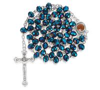 Yaomiao Collana Cattolica della Santa Preghiera con Perline di Cristallo Blu Collana Rosario con Crocifisso Catena d'Argento da Uomo e Donna