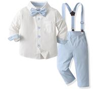 Yaopelky Completo formale per bambino e ragazzo, vestito da gentiluomo, a maniche lunghe, con papillon, bretelle, pantaloni, abito da sposa per ragazzi, Blu, 4-5 Anni