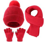 Yaopelky Kid Boy Girl Beanie Hat Schal Touchscreen Guanti Set Caldo Berretto Berretto con Pompon Sciarpa Lunga Collo Scaldamani, Colore: rosso, Einheitsgröße für Kinder von 4-10 Jahren