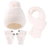 Yaopelky Set Cappello, Sciarpa e Guanti Invernale per Bambini - Berretto con Pompon, Sciarpa Lunga e Guanti Touchscreen - Completo 3 in 1 per Ragazze e Ragazzi,Bianco