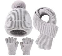 Yaopelky Set Cappello, Sciarpa e Guanti Invernale per Bambini - Berretto con Pompon, Sciarpa Lunga e Guanti Touchscreen - Completo 3 in 1 per Ragazze e Ragazzi,Grigio