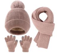Yaopelky Set Cappello, Sciarpa e Guanti Invernale per Bambini - Berretto con Pompon, Sciarpa Lunga e Guanti Touchscreen - Completo 3 in 1 per Ragazze e Ragazzi,Caffè