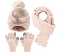 Yaopelky Set Cappello, Sciarpa e Guanti Invernale per Bambini - Berretto con Pompon, Sciarpa Lunga e Guanti Touchscreen - Completo 3 in 1 per Ragazze e Ragazzi,Beige