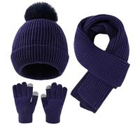 Yaopelky Set Cappello, Sciarpa e Guanti Invernale per Bambini - Berretto con Pompon, Sciarpa Lunga e Guanti Touchscreen - Completo 3 in 1 per Ragazze e Ragazzi,Blu navy