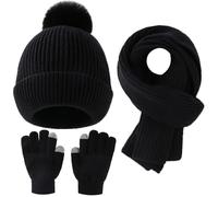 Yaopelky Set Cappello, Sciarpa e Guanti Invernale per Bambini - Berretto con Pompon, Sciarpa Lunga e Guanti Touchscreen - Completo 3 in 1 per Ragazze e Ragazzi,Nero