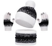 Yaopelky Set di guanti da donna, con cappello, scaldacollo, guanti caldi per touchscreen, foderati in pile, sciarpa con pompon per adulti, bianco, taglia unica