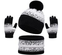 Yaopelky - Set di sciarpa, cappello e guanti da donna, invernale, con pom pom, scaldacollo, guanti touch screen, in pile, per adulti, Nero , Taglia unica