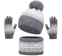 Yaopelky - Set di sciarpa, cappello e guanti per donna, invernale, con scaldacollo, guanti touch screen, fodera in pile, con pompon, per adulti, grigio, Taglia unica