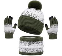 Yaopelky - Set di sciarpa, cappello e guanti per donna, invernale, con scaldacollo, guanti touch screen, fodera in pile, con pompon, per adulti, Verde, Taglia unica