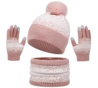 Yaopelky - Set di sciarpa, cappello e guanti per donna, invernale, con touchscreen, fodera in pile, scaldacollo con pompon per adulti, rosa, Taglia unica