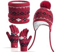 Yaopelky Set invernale da 3 pezzi per bambini con cappello foderato in pile ghetta guanti per 3-8 anni con pompon caldo Fair-Isle touch screen scuola neve uso esterno, Rosso, One Size (fits 3-8 years