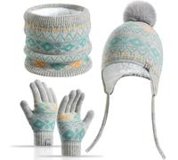 Yaopelky Set invernale da 3 pezzi per bambini con cappello foderato in pile ghetta guanti per 3-8 anni con pompon caldo Fair-Isle touch screen scuola neve uso esterno, grigio, One Size (fits 3-8 years